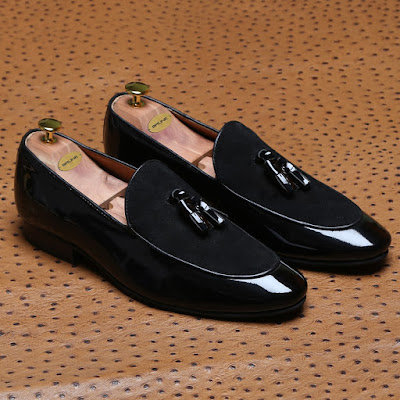 Leather Apron Toe Black Glossy Tassel Slip-on Shoes