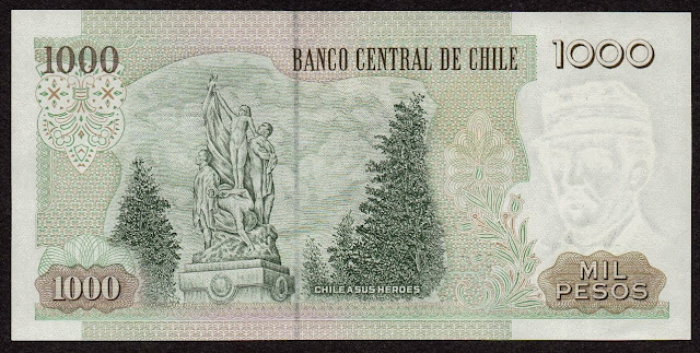 Chilean money currency 1000 Pesos banknote 1996 Monument to the Heroes of La Concepcion