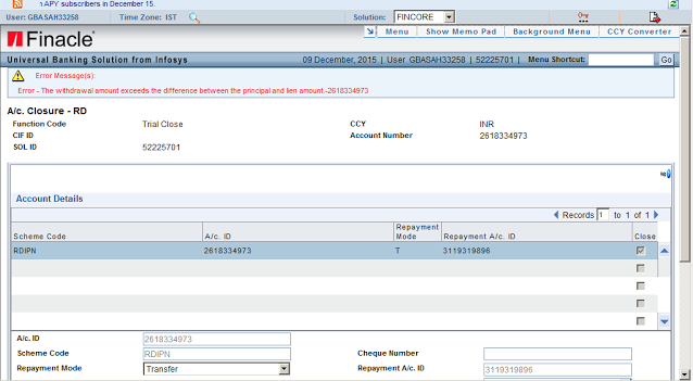 RD Closure error - Withdrawal amount exceeds the difference between the principal and lien amount in DOP Finacle