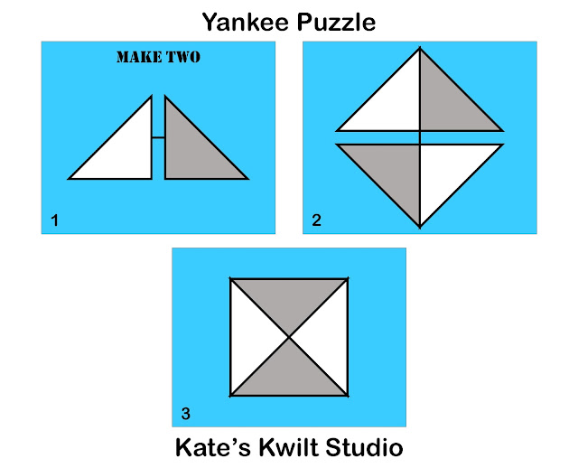 Triangles with connecting lines showing how to assemble the Yankee Puzzle quilt block.