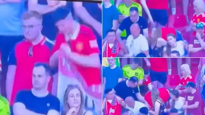 Man United supporter gains online popularity after falling on live TV in the Sevilla away end