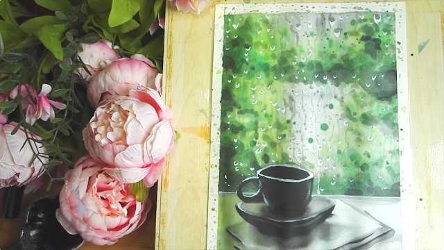 How to draw watercolor coffee and rain outside the window step by step tutorial easy.