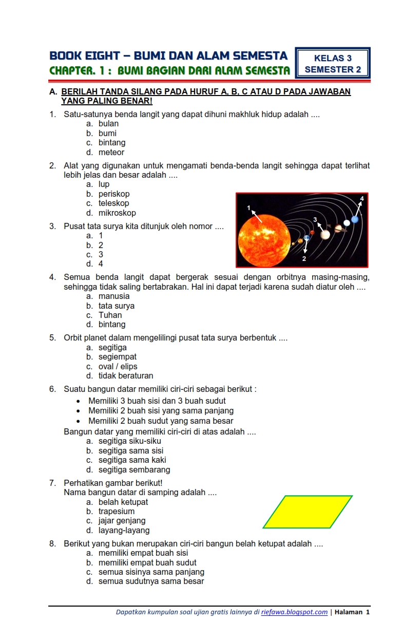 Download Soal Tematik Kelas  3 Semester 2 Tema  8 Subtema 1 