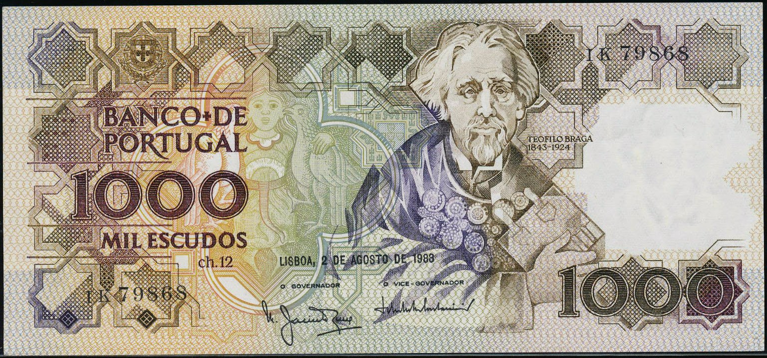 Portugal 1000 Escudos banknote 1983 Teófilo Braga|World ...