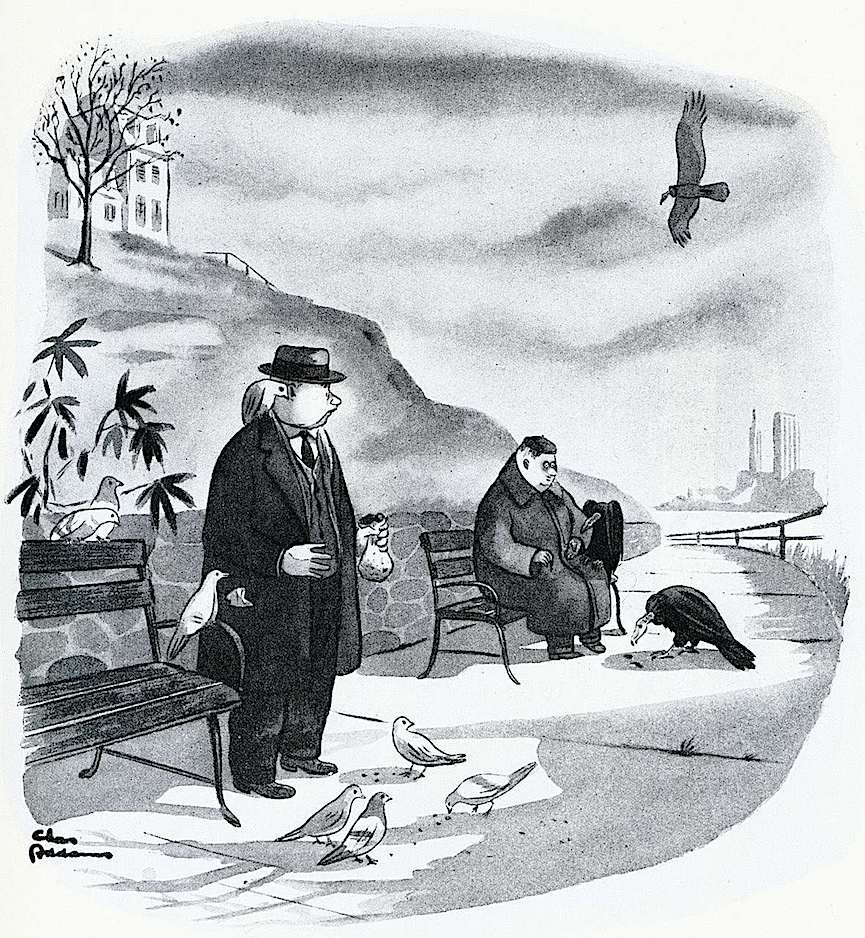 a Charles Addams cartoon, feeding the birds