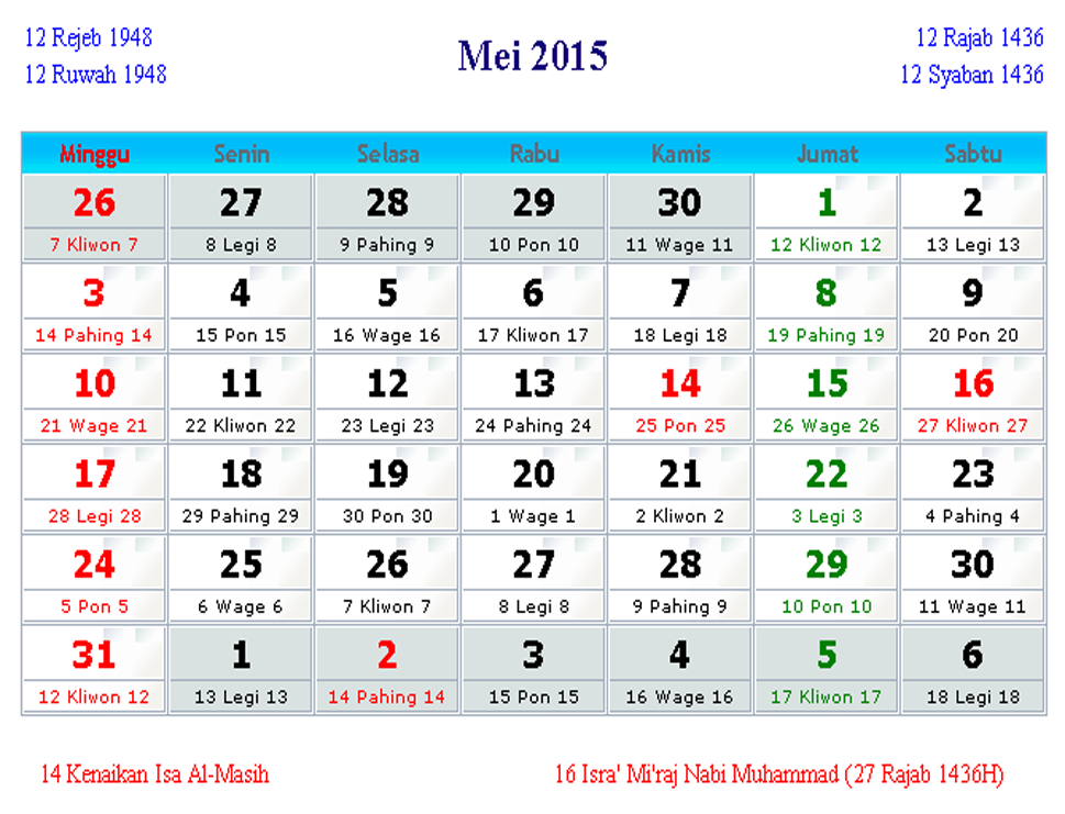 Kalender 2015 12Bulan + Hari Libur Nasional + Cuti Bersama 