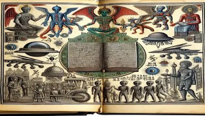 Ilustração de um livro antigo mostrando aliens e robôs