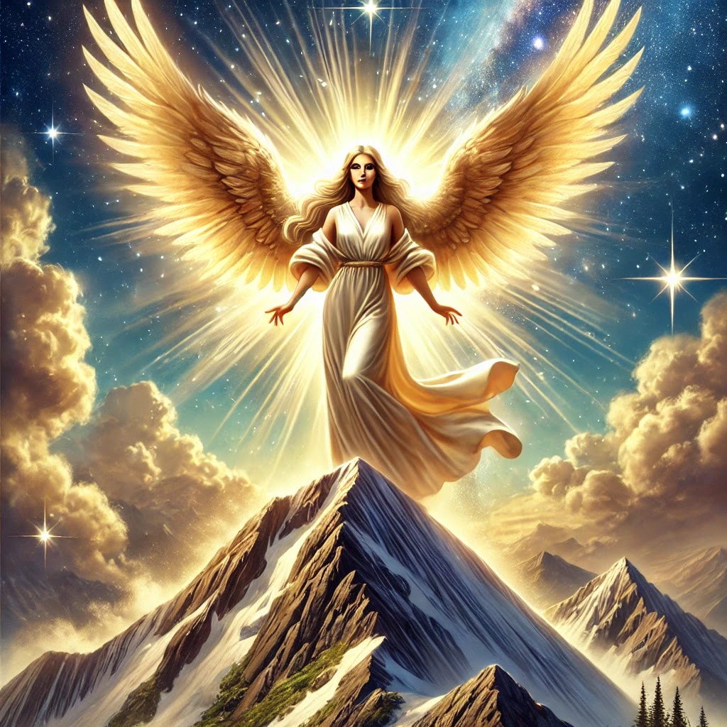 A radiant angel standing on a sturdy mountain peak, symbolizing Capricorn’s need to build a strong, lasting foundation