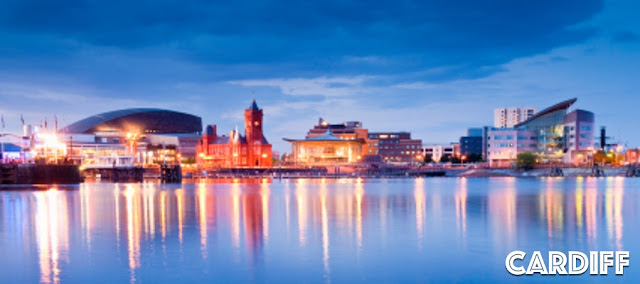 Cardiff Waterfront at dusk, ready to party