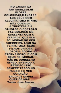 NO JARDIN DA FANTASIA,COLHI FLORES COLORIDAS,MANDAREI AOS CÉUS COM ALEGRIA PARA MINHA MÃE QUERIDA, A TRISTESA E A SAUDADE O CORAÇÃO FAZ ESCACÉU ME ACALENTA COM A VERDADE, QUE ELA FOI MORAR NO CÉU GUERREIRA AQUI NA TERRA PARA  SEUS FILHOS CRIAR A GLÓRIA AGORA ETERNA PORQUE COM DEUS FOI MORAR. MÃE DE CONSELHO AFAGO, ENSINOU A REDIDÃO ISSO SEMPRE TRAGO,NO FUNDO DO MEU CORAÇÃO. SAUDADE MINHA QUERIDA MÃE...