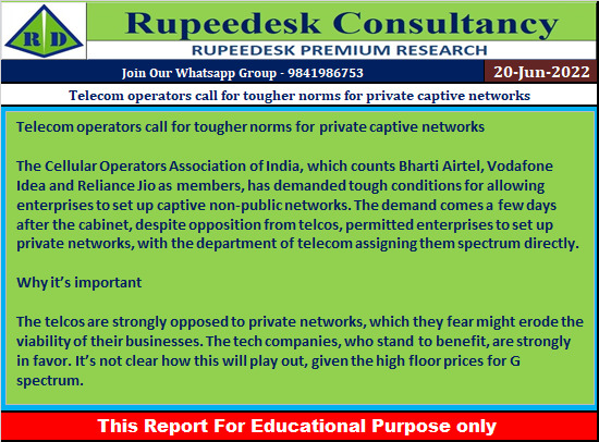 Telecom operators call for tougher norms for private captive networks - Rupeedesk Reports - 20.06.2022