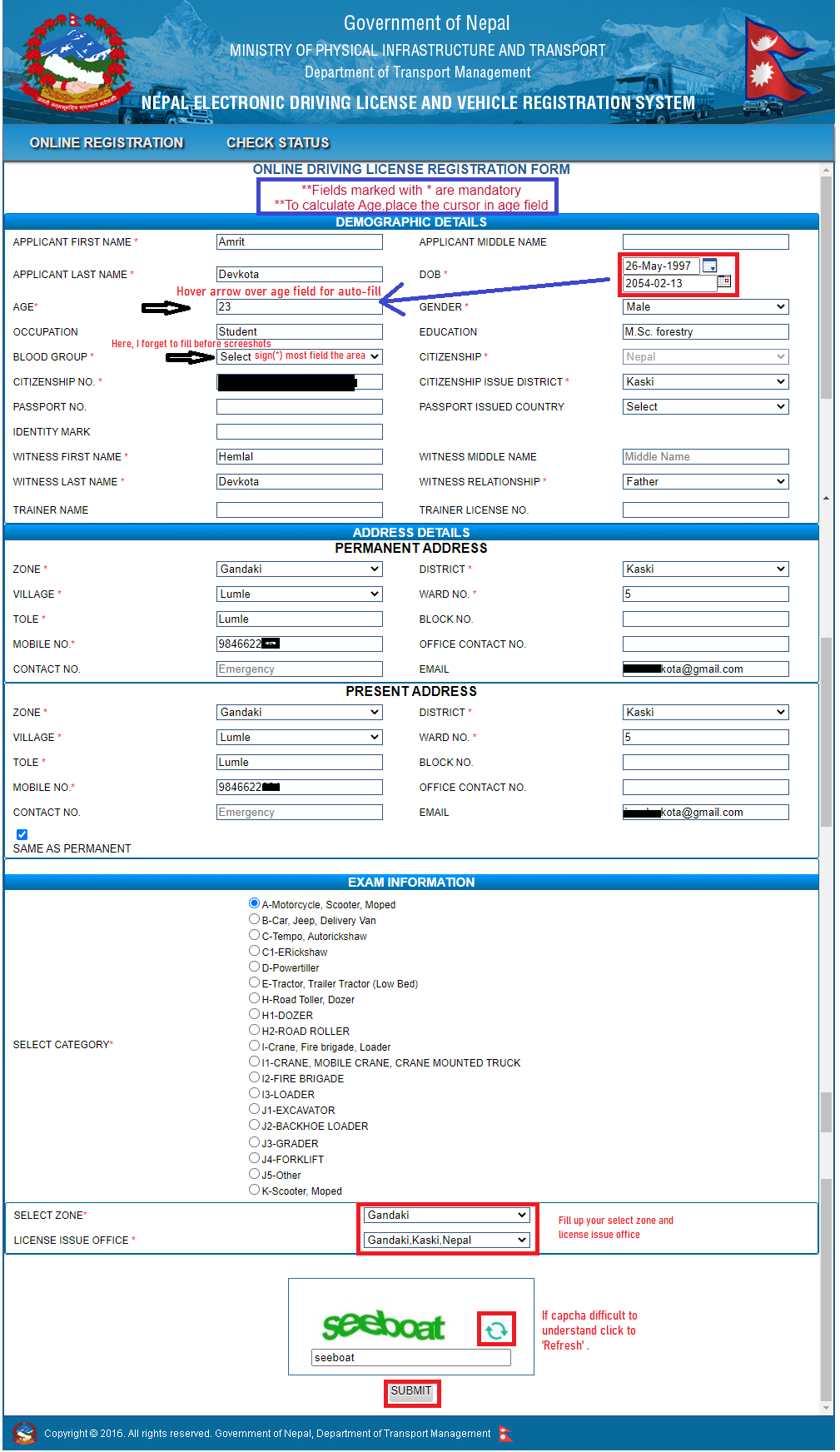 Online Driving License Registration Form in Nepal