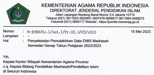 Surat Edaran atau SE Dirjen Pendis tentang Penyelesaian Pemutakhiran Data EMIS Madrasah Semester Genap Tahun Pelajaran 2022/2023