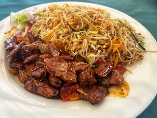 sweet and spicy Sri Lankan pork served with egg noodles