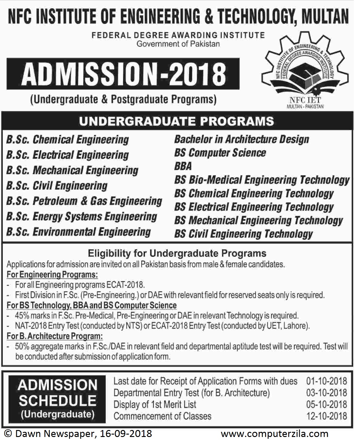 Admissions Open For Fall 2018 At NFCIET Multan Campus