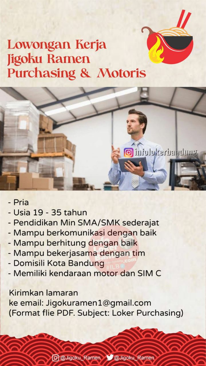 Lowongan Kerja Purchasing & Motoris Jigoku Ramen Bandung Agustus 2022