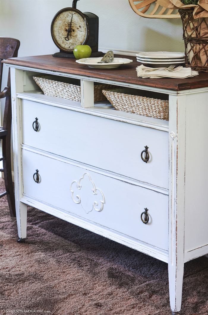 A dresser missing a drawer is given a DIY makeover to create a storage piece perfect for any room. #farmhouse #DIY #furniture #fusionmineralpaint