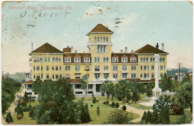 Front of a postcard showing a hand colorized view of the Windsor Hotel in Florida