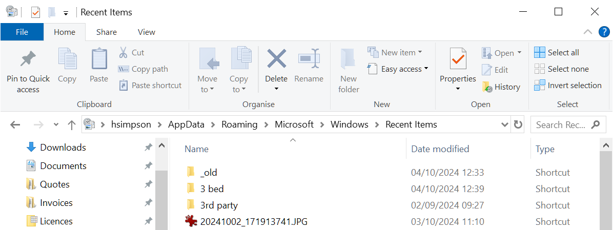 Screenshot of Recent Items on Windows 10