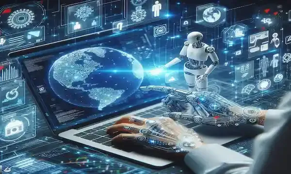 A person with a cybernetic arm is using a laptop that projects holographic interfaces and images, including a detailed model of Earth and various technological icons. A small humanoid robot appears to be interacting with the holographic display.