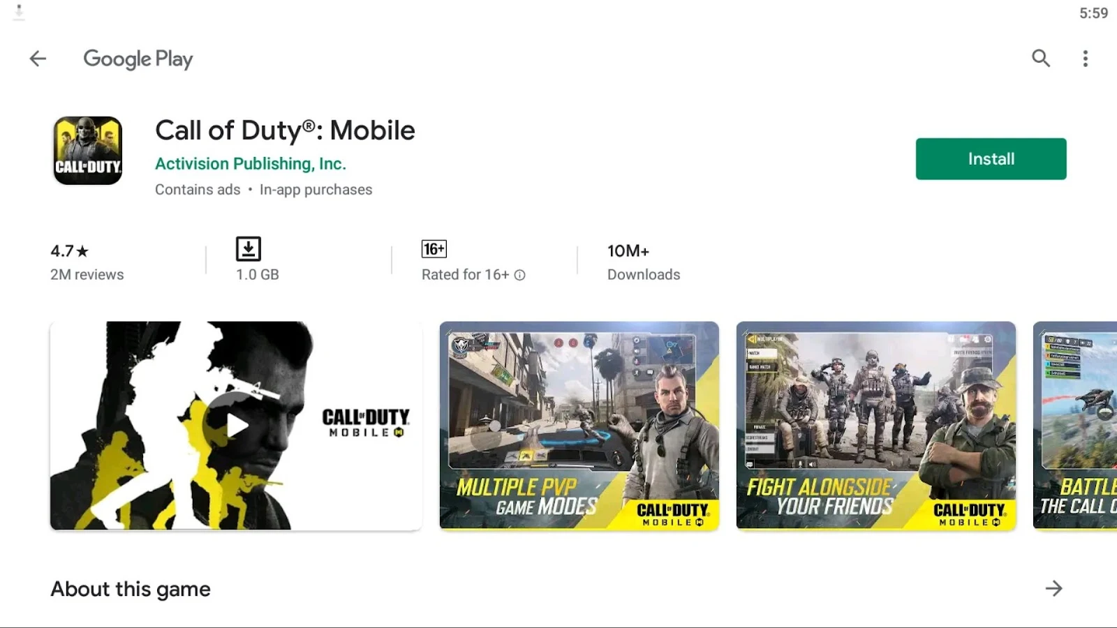 Searching for Call of Duty Mobile in the Google Play Store