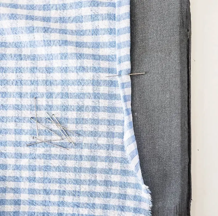 gingham fabric, rolled hem, pins