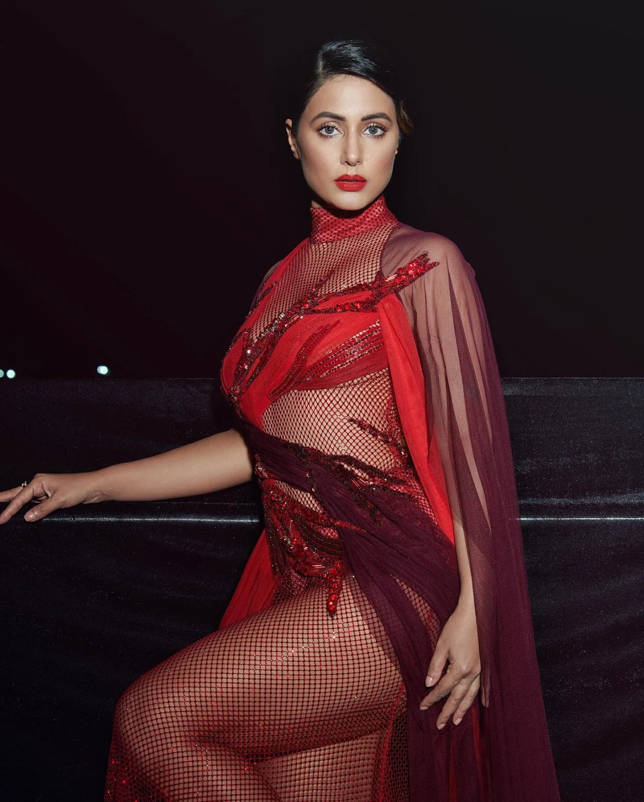 hina khan legs sheer red outfit