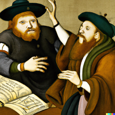 An AI-generated image of 16th century philosophers brawling