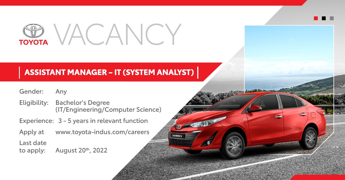 Toyota Indus Motor Company Ltd JobS For Assistant Manager – IT (System Analyst)
