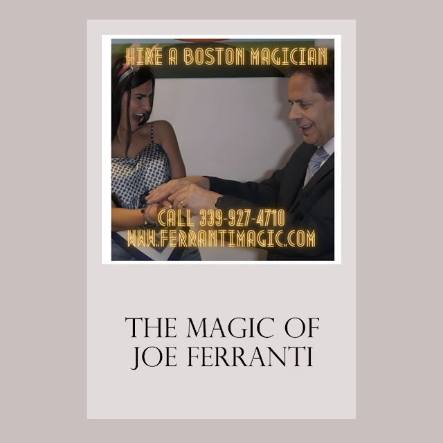 Image of Joe Ferranti, Massachusetts Magician mesmerizing a delighted spectator.