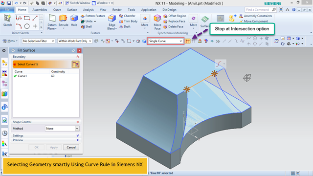 Selecting Geometry smartly Using Curve Rule in Siemens NX (Time 0_01_56;09)