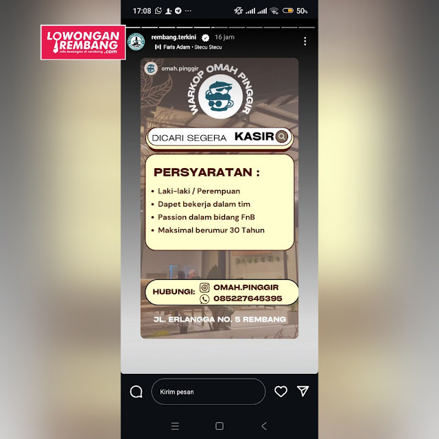 Lowongan Kerja Pegawai Kasir Warkop Omah Pinggir Rembang Tanpa Syarat Ijazah