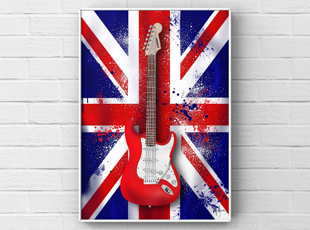 electric guitar in front of British Union Jack Flag artwork