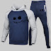 LW Men Sportswear Hooded Collar Smiley Face Print Patchwork Blue Two Piece Pants Set