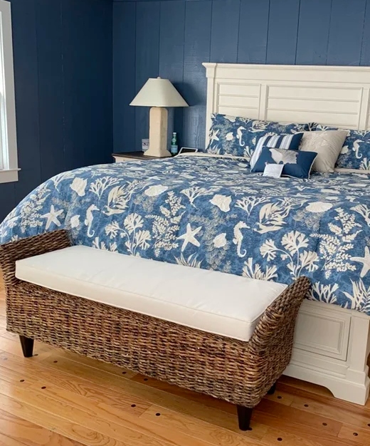 Dark Blue Bedroom with Wicker Bench