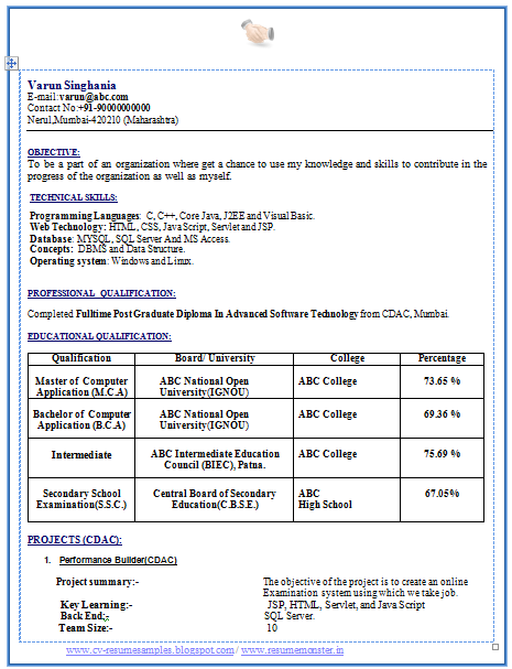 MCA Fresher Resume Sample