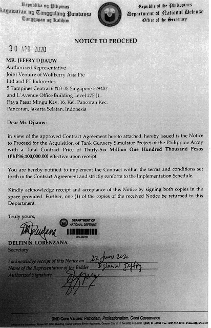 The Notice to Proceed for the Tank Gunnery Simulator Project of the Philippine Army