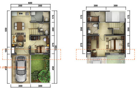 Denah rumah  minimalis ukuran  6x11  meter 3 kamar tidur 2  
