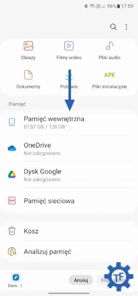 Przycisk pamięć wewnętrzna w aplikacji Moje Pliki