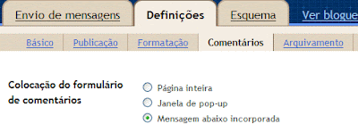 Opções de apresentar área de comentários no Blogger