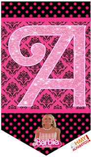 Barbie Movie: Free Printable Bunting with Sparkling Pink Glitter Letters and Numbers. Barbie la Película: Banderines para Descargar Gratis con Letras y Números en Brillantina Rosa-