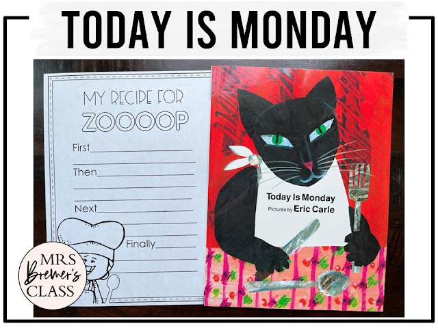 Today Is Monday book activities unit with literacy printables, reading companion activities, lesson ideas, worksheets, and crafts for Kindergarten and First Grade