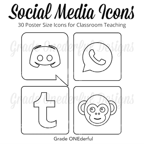 Are you teaching internet safety and need a set of great looking visuals? I have you covered with this set of poster-sized social apps kids are using. There are 30 different images, in both color and black and white. They're perfect for bulletin boards, group work and presentations. You'll receive both a pdf of 60 icons PLUS 60 individual png files.