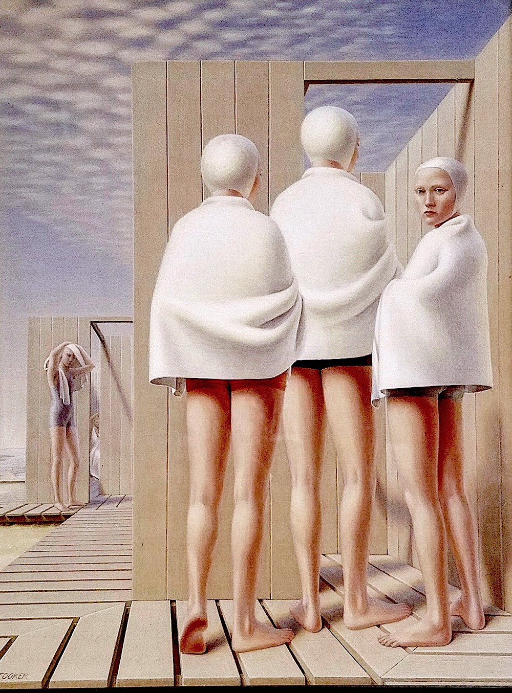 a George Tooker painting of girls at a beach change-room