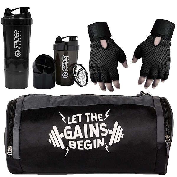 5 O' CLOCK SPORTS Combo of Gym Bag with Shoe Compartment,Gym Gloves and Spider Shaker Bottle(Black) Gym & Fitness Kit