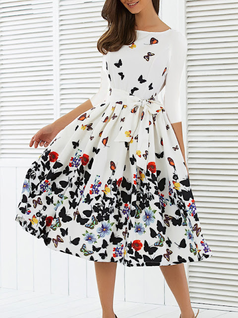 Round Neck Floral Printed Belt Skater Dress