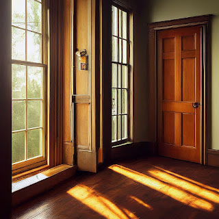 A photorealistic image of a room with sunlight streaming through a large window. The room has wood-paneled walls, a wooden door, and a wooden floor.