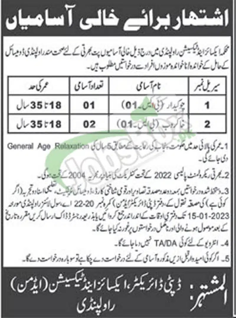 New Punjab Govt Jobs 2023 at Excise and Taxation Department Rawalpindi - Latest Advertisement