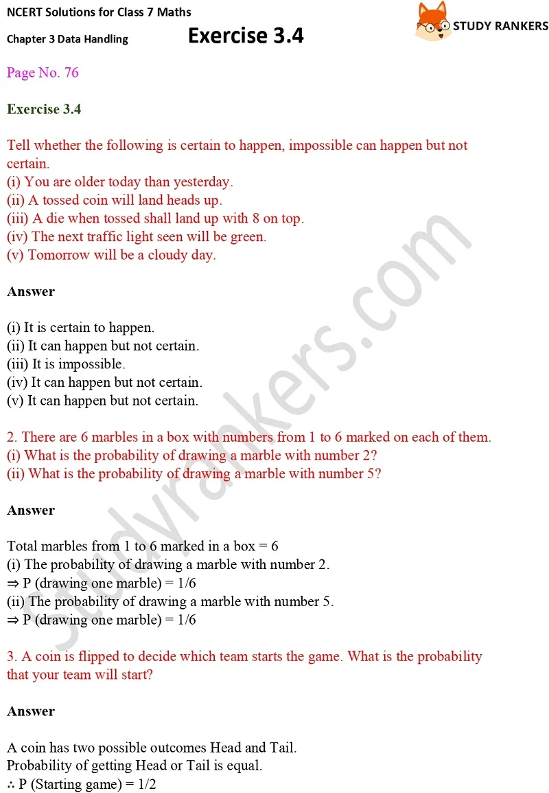 NCERT Solutions for Class 7 Maths Ch 3 Data Handling Exercise 3.4