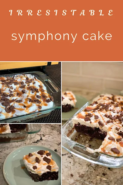 Irresistible Symphony Cake, devil's food chocolate cake mix, infused with sweetened condensed milk, topped with whipped topping, drizzled with caramel ice cream topping, and sprinkled with chopped chocolate symphony candy bars.  Delectable.